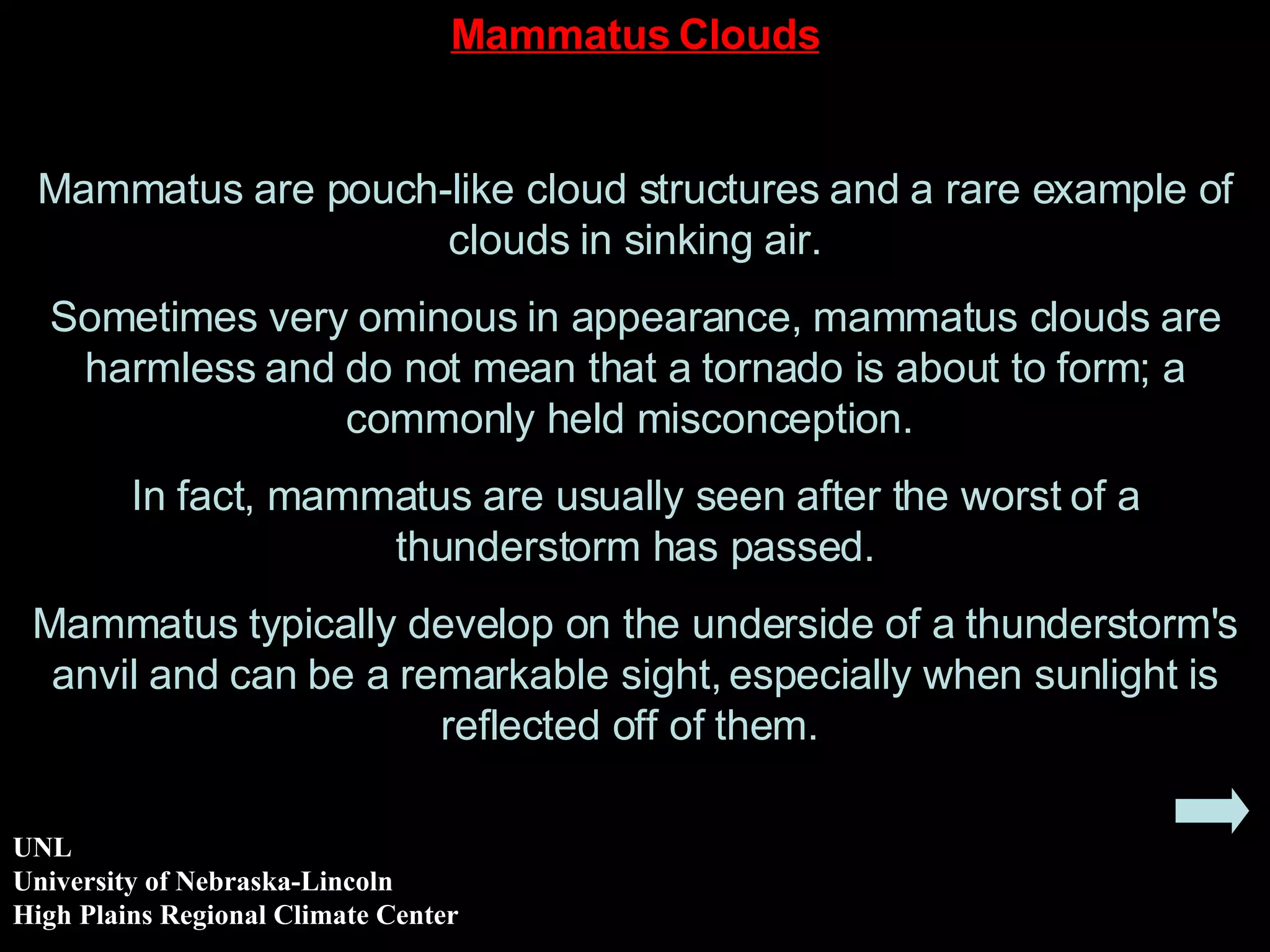 UNL   University of Nebraska-Lincoln   High Plains Regional Climate Center Mammatus Clouds Mammatus are pouch-like cloud structures and a rare example of clouds in sinking air. Sometimes very ominous in appearance, mammatus clouds are harmless and do not mean that a tornado is about to form; a commonly held misconception.  In fact, mammatus are usually seen after the worst of a thunderstorm has passed. Mammatus typically develop on the underside of a thunderstorm's anvil and can be a remarkable sight, especially when sunlight is reflected off of them.  
