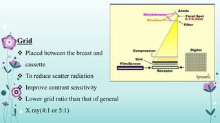 Grid
 Placed between the breast and
cassette
 To reduce scatter radiation
 Improve contrast sensitivity
 Lower grid ratio than that of general
X ray(4:1 or 5:1)
17
 
