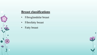 Breast classifications
• Fibroglandular breast
• Fibrofatty breast
• Fatty breast
9
 