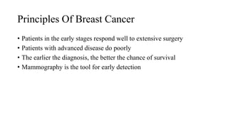 Principles Of Breast Cancer
• Patients in the early stages respond well to extensive surgery
• Patients with advanced disease do poorly
• The earlier the diagnosis, the better the chance of survival
• Mammography is the tool for early detection
 