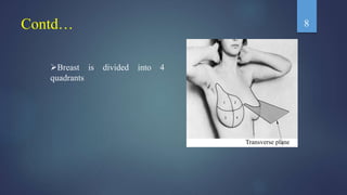 Contd…
Transverse plane
Breast is divided into 4
quadrants
8
 
