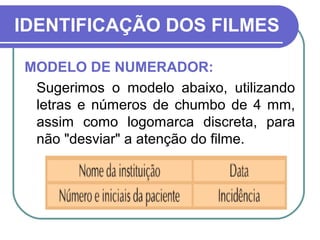 IDENTIFICAÇÃO DOS FILMES

MODELO DE NUMERADOR:
 Sugerimos o modelo abaixo, utilizando
 letras e números de chumbo de 4 mm,
 assim como logomarca discreta, para
 não "desviar" a atenção do filme.
 