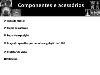 5º Tubo de raios-x

6º Painel de controle

7º Pedal de exposição

8º Braço do aparelho que permite angulação de 180º


9º Protetor de visão

10º Biombo
 