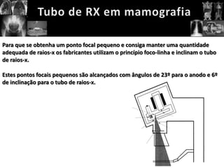 Para que se obtenha um ponto focal pequeno e consiga manter uma quantidade
adequada de raios-x os fabricantes utilizam o princípio foco-linha e inclinam o tubo
de raios-x.

Estes pontos focais pequenos são alcançados com ângulos de 23º para o anodo e 6º
de inclinação para o tubo de raios-x.
 