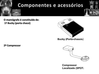 O mamógrafo é constituído de:
1º Bucky (porta chassi)




                                Bucky (Porta-chassis)

2º Compressor




                                   Compressor
                                   Localizado (SPOT)
 