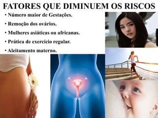 • Número maior de Gestações.
• Remoção dos ovários.
• Mulheres asiáticas ou africanas.
• Prática de exercício regular.
• Aleitamento materno.
FATORES QUE DIMINUEM OS RISCOS
 