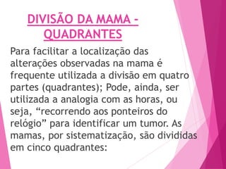 DIVISÃO DA MAMA -
QUADRANTES
Para facilitar a localização das
alterações observadas na mama é
frequente utilizada a divisão em quatro
partes (quadrantes); Pode, ainda, ser
utilizada a analogia com as horas, ou
seja, “recorrendo aos ponteiros do
relógio” para identificar um tumor. As
mamas, por sistematização, são divididas
em cinco quadrantes:
 
