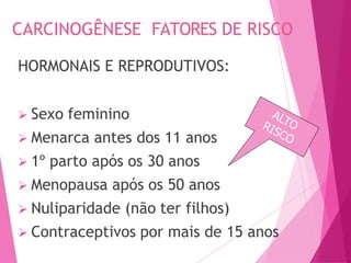 CARCINOGÊNESE FATORES DE RISCO
HORMONAIS E REPRODUTIVOS:
 Sexo feminino
 Menarca antes dos 11 anos
 1º parto após os 30 anos
 Menopausa após os 50 anos
 Nuliparidade (não ter filhos)
 Contraceptivos por mais de 15 anos
 