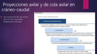 Proyecciones axilar y de cola axilar en
cráneo-caudal:
 son proyecciones de zonas
que no han quedado
totalmente incluidas.
 