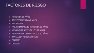 FACTORES DE RIESGO
 MAYOR DE 35 AÑOS
 ANTECEDENTES FAMILIARES
 NULIPARIDAD
 PRIMER EMBARAZO MAYOR DE 30 AÑOS
 MENARQUIA ANTES DE LOS 12 AÑOS
 MENOPAUSIA DESPUES DE LOS 50 AÑOS
 TRATAMIENTO HORMONALES
 DIABETES
 OBESIDAD
 