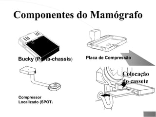 Componentes do Mamógrafo



Bucky (Porta-chassis)   Placa de Compressão


                                       Colocação
                                       do cassete

Compressor
Localizado (SPOT)
 