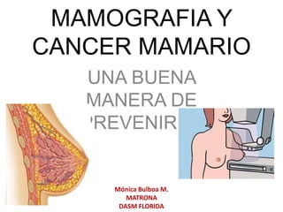 MAMOGRAFIA Y
CANCER MAMARIO
UNA BUENA
MANERA DE
PREVENIRLO
Mónica Bulboa M.
MATRONA
DASM FLORIDA
 