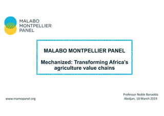 Professor Noble Banadda
Abidjan, 18 March 2019www.mamopanel.org
MALABO MONTPELLIER PANEL
Mechanized: Transforming Africa’s
agriculture value chains
 