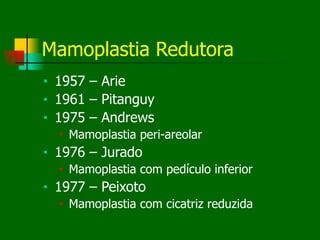 Mamoplastia Redutora
■ 1957 – Arie
■ 1961 – Pitanguy
■ 1975 – Andrews
■ Mamoplastia peri-areolar
■ 1976 – Jurado
■ Mamoplastia com pedículo inferior
■ 1977 – Peixoto
■ Mamoplastia com cicatriz reduzida
 