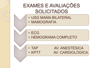 EXAMES E AVALIAÇÕES 
SOLICITADOS 
• USG MAMA BILATERAL 
• MAMOGRAFIA 
• ECG 
• HEMOGRAMA COMPLETO 
• TAP AV. ANESTÉSICA 
• KPTT AV. CARDIOLÓGICA 
 