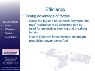 Efficiency Taking advantage of forces Since the tug can not capsize anymore, the tugs’ resistance in all directions can be used for generating steering and breaking forces. Use of Dynamic forces instead of straight propulsion power saves fuel  The DOT-system: Safety Efficiency Flexibility Controllability 