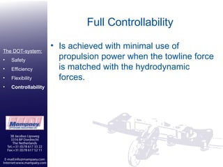 Full Controllability Is achieved with minimal use of propulsion power when the towline force is matched with the hydrodynamic forces.  The DOT-system: Safety Efficiency Flexibility Controllability 