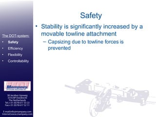 Safety Stability is significantly increased by a movable towline attachment Capsizing due to towline forces is prevented The DOT-system: Safety Efficiency Flexibility Controllability 