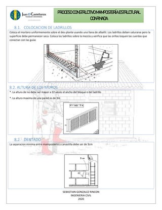 SEBASTIAN GONZALEZ RINCON
INGENIERIA CIVIL
2020
PROCESO CONSTRUCTIVOMAMPOSTERÍAESTRUCTURAL
CONFINADA
8.1. COLOCACION DE LADRILLOS
Coloca el mortero uniformemente sobre el des-plante usando una llana de albañil. Los ladrillos deben saturarse pero la
superficie debe permanecer seca. Coloca los ladrillos sobre la mezcla y verifica que las orillas toquen las cuerdas que
conectan con las guías
8.2. ALTURA DE LOS MUROS
*. La altura de no debe ser mayor a 22 veces el ancho del bloque o del ladrillo
*. La altura maxima de una pared es de 3m
8.2. DENTADO
La separacion minima entre mamposteria y canastilla debe ser de 3cm
 