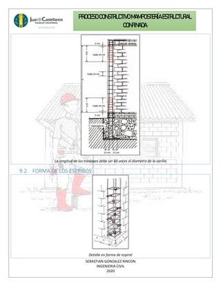 SEBASTIAN GONZALEZ RINCON
INGENIERIA CIVIL
2020
PROCESO CONSTRUCTIVOMAMPOSTERÍAESTRUCTURAL
CONFINADA
La longitud de los traslapes debe ser 60 veces el diametro de la varilla
9.2. FORMA DE LOS ESTRIBOS
Detalle en forma de espiral
 