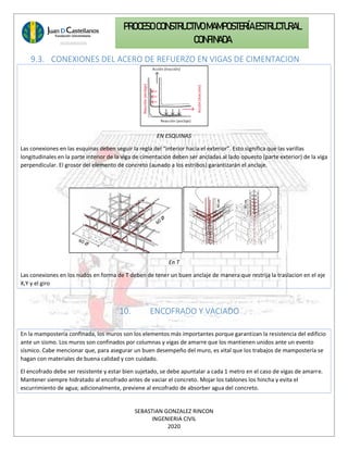 SEBASTIAN GONZALEZ RINCON
INGENIERIA CIVIL
2020
PROCESO CONSTRUCTIVOMAMPOSTERÍAESTRUCTURAL
CONFINADA
9.3. CONEXIONES DEL ACERO DE REFUERZO EN VIGAS DE CIMENTACION
EN ESQUINAS
Las conexiones en las esquinas deben seguir la regla del “interior hacia el exterior”. Esto significa que las varillas
longitudinales en la parte interior de la viga de cimentación deben ser ancladas al lado opuesto (parte exterior) de la viga
perpendicular. El grosor del elemento de concreto (aunado a los estribos) garantizarán el anclaje.
En T
Las conexiones en los nudos en forma de T deben de tener un buen anclaje de manera que restrija la traslacion en el eje
X,Y y el giro
10. ENCOFRADO Y VACIADO
En la mampostería confinada, los muros son los elementos más importantes porque garantizan la resistencia del edificio
ante un sismo. Los muros son confinados por columnas y vigas de amarre que los mantienen unidos ante un evento
sísmico. Cabe mencionar que, para asegurar un buen desempeño del muro, es vital que los trabajos de mampostería se
hagan con materiales de buena calidad y con cuidado.
El encofrado debe ser resistente y estar bien sujetado, se debe apuntalar a cada 1 metro en el caso de vigas de amarre.
Mantener siempre hidratado al encofrado antes de vaciar el concreto. Mojar los tablones los hincha y evita el
escurrimiento de agua; adicionalmente, previene al encofrado de absorber agua del concreto.
 