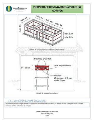 SEBASTIAN GONZALEZ RINCON
INGENIERIA CIVIL
2020
PROCESO CONSTRUCTIVOMAMPOSTERÍAESTRUCTURAL
CONFINADA
Detalle de bandas sismicas verticales y horizontales
0
Detalle de bandas horizontales
12.1. CONEXION BANDAS COLUMNAS:
se debe respetar la longitud de traslape en las uniones banda-columna; se deben amarar y empalmar las banadas
sismicas con las columnas de amarre
 