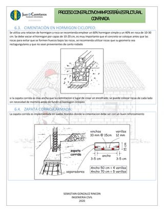 SEBASTIAN GONZALEZ RINCON
INGENIERIA CIVIL
2020
PROCESO CONSTRUCTIVOMAMPOSTERÍAESTRUCTURAL
CONFINADA
6.3. CIMENTACIÒN EN HORMIGON CICLOPEO:
Se utiliza una relacion de hormigon y roca se recomienda emplear un 60% hormigon simple y un 40% en roca de 10-30
cm. Se debe vaciar el hormigon por capas de 10-20 cm, es muy importante que el concreto se coloque antes que las
rocas para evitar que se formen huecos bajos las rocas, se recomienda utilizar rocas que su geomeria sea
rectagungulares y que no sean prevenientes de canto rodado
si la zapata corrida es mas ancha que la ciemntacion e lugar de crear un encofrado, se puede colocar rocas de cada lado
sin necesidad de mortero antes de fundir el hormigon ciclopeo
6.4. ZAPATA CORRIDA ARMADA:
La zapata corrida es implementada en suelos blandos donde la cimentacion debe ser con un buen reforzamiento
 