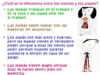 Las mamás trabajan en el trabajo y en la casa y los papás sólo van al trabajo. Las mamás saben hablar con las maestras sin asustarlas. Los papás son más altos y fuertes, pero las mamás tienen el verdadero poder porque a ellas les tienes que pedir permiso cuando quieres quedarte a dormir en casa de un amigo. Las mamás tienen magia porque ellas te hacen sentir bien sin medicina. ¿Cuál es la diferencia entre las mamás y los papás? 