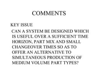 COMMENTS KEY ISSUE CAN A SYSTEM BE DESIGNED WHICH IS USEFUL OVER A SUFFICIENT TIME HORIZON, PART MIX AND SMALL CHANGEOVER TIMES SO AS TO OFFER AN ALTERNATIVE TO SIMULTANEOUS PRODUCTION OF MEDIUM VOLUME PART TYPES? 