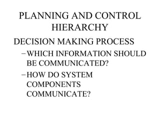 PLANNING AND CONTROL HIERARCHY DECISION MAKING PROCESS WHICH INFORMATION SHOULD BE COMMUNICATED? HOW DO SYSTEM COMPONENTS COMMUNICATE? 