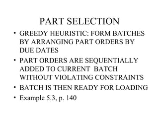 PART SELECTION GREEDY HEURISTIC: FORM BATCHES BY ARRANGING PART ORDERS BY DUE DATES PART ORDERS ARE SEQUENTIALLY ADDED TO CURRENT  BATCH WITHOUT VIOLATING CONSTRAINTS BATCH IS THEN READY FOR LOADING Example 5.3, p. 140 
