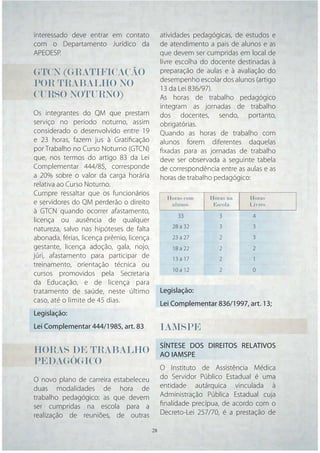interessado deve entrar em contato              atividades pedagógicas, de estudos e
com o Departamento Jurídico da                  de atendimento a pais de alunos e as
APEOESP.                                        que devem ser cumpridas em local de
                                                livre escolha do docente destinadas à
GTCN (GRATIFICAÇÃO                              preparação de aulas e à avaliação do
                                                desempenho escolar dos alunos (artigo
POR TRABALHO NO                                 13 da Lei 836/97).
CURSO NOTURNO)                                  As horas de trabalho pedagógico
                                                integram as jornadas de trabalho
Os integrantes do QM que prestam                dos docentes, sendo, portanto,
serviço no período noturno, assim               obrigatórias.
considerado o desenvolvido entre 19             Quando as horas de trabalho com
e 23 horas, fazem jus à Gratiﬁcação             alunos forem diferentes daquelas
por Trabalho no Curso Noturno (GTCN)            ﬁxadas para as jornadas de trabalho
que, nos termos do artigo 83 da Lei             deve ser observada a seguinte tabela
Complementar 444/85, corresponde                de correspondência entre as aulas e as
a 20% sobre o valor da carga horária            horas de trabalho pedagógico:
relativa ao Curso Noturno.
Cumpre ressaltar que os funcionários
                                                  Horas com     Horas na     Horas
e servidores do QM perderão o direito              alunos        Escola      Livres
à GTCN quando ocorrer afastamento,
                                                       33          3          4
licença ou ausência de qualquer
natureza, salvo nas hipóteses de falta               28 a 32       3          3
abonada, férias, licença prêmio, licença             23 a 27       2          3
gestante, licença adoção, gala, nojo,                18 a 22       2          2
júri, afastamento para participar de                 13 a 17       2          1
treinamento, orientação técnica ou
                                                     10 a 12       2          0
cursos promovidos pela Secretaria
da Educação, e de licença para
tratamento de saúde, neste último               Legislação:
caso, até o limite de 45 dias.                  Lei Complementar 836/1997, art. 13;
Legislação:
Lei Complementar 444/1985, art. 83              IAMSPE
                                                IAMSPE
                                                 A
                                                SÍNTESE DOS DIREITOS RELATIVOS
HORAS DE TRABALHO                               AO IAMSPE
PEDAGÓGICO
                                                O Instituto de Assistência Médica
O novo plano de carreira estabeleceu            do Servidor Público Estadual é uma
duas modalidades de hora de                     entidade autárquica vinculada à
trabalho pedagógico: as que devem               Administração Pública Estadual cuja
ser cumpridas na escola para a                  ﬁnalidade precípua, de acordo com o
realização de reuniões, de outras               Decreto-Lei 257/70, é a prestação de

                                           28   28
 