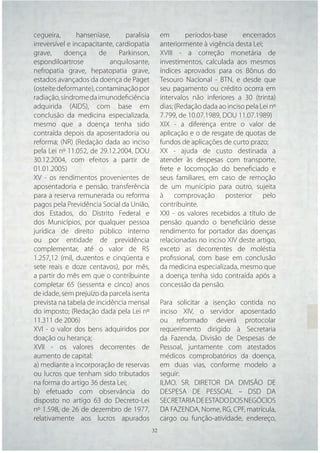 cegueira,       hanseníase,      paralisia        em       períodos-base       encerrados
irreversível e incapacitante, cardiopatia         anteriormente à vigência desta Lei;
grave,     doença       de     Parkinson,         XVIII - a correção monetária de
espondiloartrose           anquilosante,          investimentos, calculada aos mesmos
nefropatia grave, hepatopatia grave,              índices aprovados para os Bônus do
estados avançados da doença de Paget              Tesouro Nacional - BTN, e desde que
(osteíte deformante), contaminação por            seu pagamento ou crédito ocorra em
radiação, síndrome da imunodeﬁciência             intervalos não inferiores a 30 (trinta)
adquirida (AIDS), com base em                     dias; (Redação dada ao inciso pela Lei nº
conclusão da medicina especializada,              7.799, de 10.07.1989, DOU 11.07.1989)
mesmo que a doença tenha sido                     XIX - a diferença entre o valor de
contraída depois da aposentadoria ou              aplicação e o de resgate de quotas de
reforma; (NR) (Redação dada ao inciso             fundos de aplicações de curto prazo;
pela Lei nº 11.052, de 29.12.2004, DOU            XX - ajuda de custo destinada a
30.12.2004, com efeitos a partir de               atender às despesas com transporte,
01.01.2005)                                       frete e locomoção do beneﬁciado e
XV - os rendimentos provenientes de               seus familiares, em caso de remoção
aposentadoria e pensão, transferência             de um município para outro, sujeita
para a reserva remunerada ou reforma              à comprovação posterior pelo
pagos pela Previdência Social da União,           contribuinte.
dos Estados, do Distrito Federal e                XXI - os valores recebidos a título de
dos Municípios, por qualquer pessoa               pensão quando o beneﬁciário desse
jurídica de direito público interno               rendimento for portador das doenças
ou por entidade de previdência                    relacionadas no inciso XIV deste artigo,
complementar, até o valor de R$                   exceto as decorrentes de moléstia
1.257,12 (mil, duzentos e cinqüenta e             proﬁssional, com base em conclusão
sete reais e doze centavos), por mês,             da medicina especializada, mesmo que
a partir do mês em que o contribuinte             a doença tenha sido contraída após a
completar 65 (sessenta e cinco) anos              concessão da pensão.
de idade, sem prejuízo da parcela isenta
prevista na tabela de incidência mensal           Para solicitar a isenção contida no
do imposto; (Redação dada pela Lei nº             inciso XIV, o servidor aposentado
11.311 de 2006)                                   ou reformado deverá protocolar
XVI - o valor dos bens adquiridos por             requerimento dirigido à Secretaria
doação ou herança;                                da Fazenda, Divisão de Despesas de
XVII - os valores decorrentes de                  Pessoal, juntamente com atestados
aumento de capital:                               médicos comprobatórios da doença,
a) mediante a incorporação de reservas            em duas vias, conforme modelo a
ou lucros que tenham sido tributados              seguir:
na forma do artigo 36 desta Lei;                  ILMO. SR. DIRETOR DA DIVISÃO DE
b) efetuado com observância do                    DESPESA DE PESSOAL – DSD DA
disposto no artigo 63 do Decreto-Lei              SECRETARIA DE ESTADO DOS NEGÓCIOS
nº 1.598, de 26 de dezembro de 1977,              DA FAZENDA, Nome, RG, CPF, matrícula,
relativamente aos lucros apurados                 cargo ou função-atividade, endereço,
                                             32   32
 