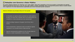 3.3 Relações com Governo e Setor Público
Em nossos negócios podemos nos relacionar com o setor público. Pela maior exposição ao risco de corrupção, as interações com agentes
públicos são fonte de riscos para a V.tal. Por isso, todo cuidado, respeito, integridade, ética e transparência pautam todas as nossas relações
com o segmento e há áreas especialmente capacitadas para serem acionadas quando necessário.
Estamos alinhados aos princípios éticos da V.tal quando:
 As interações com agentes públicos acontecem por razões legítimas.
Ou seja, com motivo lícito, relevante, ético e com interlocutores com
competência e função adequadas para essa representação.
 Utilizamos diálogo impessoal e linguagem mais formal, clara e
concisa.
 Somos transparentes e registramos todas as reuniões em agenda
corporativa ou nos controles internos criados pela área.
 Seguimos rigorosamente às políticas da V.tal e do setor público ao
oferecer ou aceitar hospitalidades e outras cortesias.
23
 