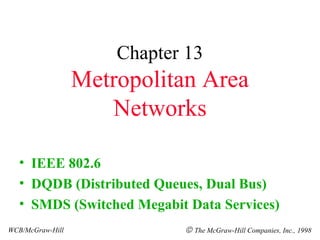 Chapter 13
                  Metropolitan Area
                     Networks

  • IEEE 802.6
  • DQDB (Distributed Queues, Dual Bus)
  • SMDS (Switched Megabit Data Services)
WCB/McGraw-Hill              © The McGraw-Hill Companies, Inc., 1998
 