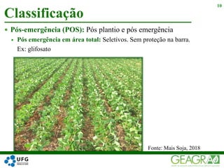  Pós-emergência (POS): Pós plantio e pós emergência
 Pós emergência em área total: Seletivos. Sem proteção na barra.
Ex: glifosato
Classificação
10
Fonte: Mais Soja, 2018
 