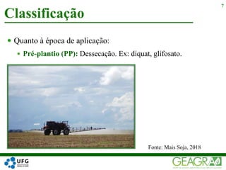  Quanto à época de aplicação:
 Pré-plantio (PP): Dessecação. Ex: diquat, glifosato.
Classificação
7
Fonte: Mais Soja, 2018
 