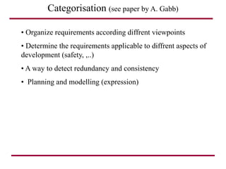 Categorisation (see paper by A. Gabb)
• Organize requirements according diffrent viewpoints
• Determine the requirements applicable to diffrent aspects of
development (safety, ,..)
• A way to detect redundancy and consistency
• Planning and modelling (expression)
 