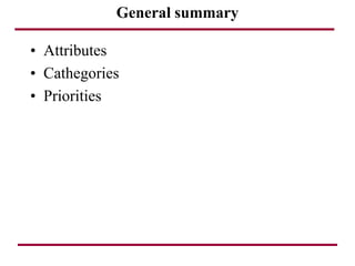 General summary
• Attributes
• Cathegories
• Priorities
 