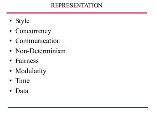 REPRESENTATION
• Style
• Concurrency
• Communication
• Non-Determinism
• Fairness
• Modularity
• Time
• Data
 