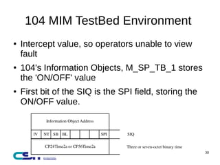 30 
104 MIM TestBed Environment 
● Intercept value, so operators unable to view 
fault 
● 104's Information Objects, M_SP_TB_1 stores 
the 'ON/OFF' value 
● First bit of the SIQ is the SPI field, storing the 
ON/OFF value. 
 