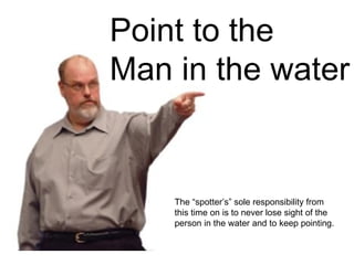 Point to the Man in the water The “spotter’s” sole responsibility from this time on is to never lose sight of the person in the water and to keep pointing.  