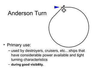 Anderson Turn Primary use: used by destroyers, cruisers, etc…ships that have considerable power available and tight turning characteristics during good visibility. 