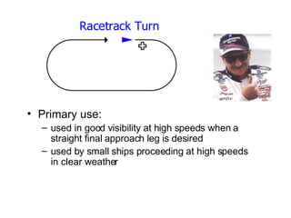 Primary use: used in good visibility at high speeds when a straight final approach leg is desired used by small ships proceeding at high speeds in clear weather 