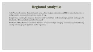 Regional Analysis:
North America: Dominates the market due to large defense budgets and continuous R&D investments. Adoption of
next-generation communication systems remains strong.
Europe: Focus on strengthening cross-border security and military modernization programs is fueling growth.
Collaborative defense initiatives also boost demand.
Asia Pacific (APAC): Rapid modernization of defense forces, especially in emerging economies, coupled with rising
security concerns, propels significant market expansion.
 