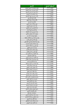 ‫ي‬‫المدن‬ ‫السجل‬‫االسم‬
******3297‫ان‬‫ر‬‫البط‬ ‫منصور‬ ‫بن‬ ‫اهيم‬‫ر‬‫اب‬ ‫خليل‬
******2308‫ي‬‫ان‬‫ر‬‫الزه‬ ‫سعيد‬ ‫بن‬ ‫عيىس‬ ‫خليل‬
******2680‫الشمري‬ ‫مسعر‬ ‫بن‬ ‫عبيد‬ ‫دحام‬
******8538‫القنيعان‬ ‫اشد‬‫ر‬ ‫اهيم‬‫ر‬‫اب‬ ‫اشد‬‫ر‬
******8874‫االنصاري‬ ‫ي‬‫عل‬ ‫بن‬ ‫حسن‬ ‫افت‬‫ر‬
******5271‫عون‬ ‫بكر‬ ‫حمزه‬ ‫اكان‬‫ر‬
******0181‫ي‬‫النفيع‬ ‫اج‬‫رس‬ ‫عبداله‬ ‫اكان‬‫ر‬
******8070‫وزه‬ ‫احمد‬ ‫ار‬‫ز‬‫ن‬ ‫اكان‬‫ر‬
******8895‫ي‬‫العتيث‬ ‫مسفر‬ ‫عبدهللا‬ ‫ي‬‫ام‬‫ر‬
******5118‫ي‬
‫ر‬‫البلوش‬ ‫جميل‬ ‫احمد‬ ‫ائد‬‫ر‬
******0660‫ي‬‫العوام‬ ‫حسن‬ ‫بن‬ ‫هادي‬ ‫ائد‬‫ر‬
******6542‫السنان‬ ‫ي‬‫عل‬ ‫بن‬ ‫انور‬ ‫رضا‬
******9288‫الخليفه‬ ‫احمد‬ ‫بن‬ ‫ر‬‫حسي‬ ‫رضا‬
******5031‫سالغور‬ ‫اهيم‬‫ر‬‫اب‬ ‫عادل‬ ‫رضوان‬
******8455‫بدر‬ ‫حامد‬ ‫يوسف‬ ‫رضوان‬
******2909‫صقعه‬ ‫عبدالقادر‬ ‫بن‬ ‫محمد‬ ‫بن‬ ‫ريان‬
******0112‫قاسم‬ ‫الياس‬ ‫بن‬ ‫خالد‬ ‫ريان‬
******4106‫ي‬‫كستان‬‫الي‬ ‫محمدنور‬ ‫عبدالسالم‬ ‫ريان‬
******7498‫المحيميد‬ ‫اهيم‬‫ر‬‫اب‬ ‫عبدهللا‬ ‫ريان‬
******4325‫المنصور‬ ‫عبدهللا‬ ‫بن‬ ‫ي‬‫عل‬ ‫ريان‬
******8316‫ي‬‫الجهث‬ ‫ر‬‫حسي‬ ‫عيد‬ ‫ريان‬
******7341‫فلمبان‬ ‫محيان‬ ‫عثمان‬ ‫ريمان‬
******2116‫الهذل‬ ‫حاسن‬ ‫بن‬ ‫غال‬ ‫ي‬‫زىك‬
******9402‫ا‬‫ز‬‫مر‬ ‫عبدالكريم‬ ‫ابن‬ ‫طارق‬ ‫زياد‬
******6358‫فرج‬ ‫صالح‬ ‫طارق‬ ‫زياد‬
******7321‫ي‬‫بسيون‬ ‫ر‬‫ياسي‬ ‫بن‬ ‫طلعت‬ ‫زياد‬
******6436‫العكاس‬ ‫عثمان‬ ‫عبدالرحمن‬ ‫زياد‬
******4000‫الزيد‬ ‫زيد‬ ‫عبدالعزيز‬ ‫زياد‬
******5745‫عليط‬ ‫ابو‬ ‫سعيد‬ ‫بن‬ ‫محمد‬ ‫زياد‬
******0626‫اك‬‫الي‬ ‫عبدهللا‬ ‫محمد‬ ‫زياد‬
******3886‫ي‬‫الجهث‬ ‫بخيت‬ ‫معوض‬ ‫زياد‬
******3342‫المطوع‬ ‫اهيم‬‫ر‬‫اب‬ ‫يوسف‬ ‫زيد‬
******8222‫ي‬‫النقل‬ ‫احمد‬ ‫فؤاد‬ ‫ساجد‬
******0197‫ي‬‫الحارن‬ ‫ساعد‬ ‫سعود‬ ‫ساعد‬
******4109‫العمري‬ ‫ي‬‫عل‬ ‫بن‬ ‫داحش‬ ‫سالم‬
******5624‫اسالم‬ ‫سالم‬ ‫بن‬ ‫عبدالعزيز‬ ‫سالم‬
******0411‫ي‬‫العي‬ ‫خلف‬ ‫بن‬ ‫بدر‬ ‫سام‬
******4299‫ي‬‫العي‬ ‫فالج‬ ‫حميد‬ ‫ي‬‫سام‬
******6082‫ي‬‫العسم‬ ‫مثبت‬ ‫سالم‬ ‫ي‬‫سام‬
******1519‫الشمري‬ ‫صنيتان‬ ‫سعد‬ ‫ي‬‫سام‬
******0022‫ي‬
‫ر‬‫معىس‬ ‫عبده‬ ‫محمد‬ ‫ي‬‫سام‬
******3299‫ي‬‫الحارن‬ ‫عواض‬ ‫معيوض‬ ‫ي‬‫سام‬
******8192‫ي‬‫العتيث‬ ‫نوار‬ ‫ي‬‫مله‬ ‫ي‬‫سام‬
******5163‫دفع‬ ‫اج‬‫رس‬ ‫وليد‬ ‫اج‬‫رس‬
******2000‫ي‬‫الحارن‬ ‫عبدالجبار‬ ‫ساعد‬ ‫سعد‬
******6655‫الغامدي‬ ‫عبدهللا‬ ‫بن‬ ‫صالح‬ ‫سعد‬
******9963‫العمري‬ ‫سعد‬ ‫ظافر‬ ‫سعد‬
******7437‫ي‬‫القحطان‬ ‫محمد‬ ‫عبدهللا‬ ‫سعد‬
******4458‫ي‬‫ان‬‫ر‬‫الشه‬ ‫سعيد‬ ‫فالح‬ ‫سعد‬
 