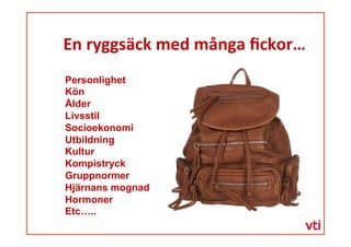 En	
 ryggsäck	
 med	
 många	
 ﬁckor…	
 
Personlighet
Kön
Ålder
Livsstil
Socioekonomi
Utbildning
Kultur
Kompistryck
Gruppnormer
Hjärnans mognad
Hormoner
Etc…..
 