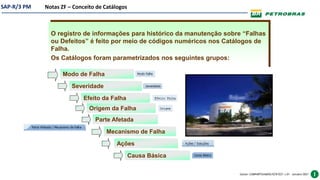 SAP-R/3 PM
Gestor: COMPARTILHADOS/ECR/ECF v.01 – outubro/2021
Parte Afetada
Causa Básica
Mecanismo de Falha
Efeito da Falha
Severidade
Ações
Modo de Falha
O registro de informações para histórico da manutenção sobre “Falhas
ou Defeitos” é feito por meio de códigos numéricos nos Catálogos de
Falha.
Os Catálogos foram parametrizados nos seguintes grupos:
Origem da Falha
Notas ZF – Conceito de Catálogos
 
