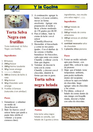 Torta Selva
Negra con
frutillas
Torta tradicional de Selva
Negra con frutillas.
+
Ingredientes
1. 8 Huevos
2. 240 g Azúcar
3. 200 g Harina Leudante
4. 50 g Cacao amargo
5. -------------Relleno:
6. 500 cc Crema de leche ó
nata
7. 50 g Azúcar
8. 50 g Chocolate semi
amargo
9. Frutillas ó Cerezas
(naturales ó en almíbar)
+
Pasos
1. Enmantecar y enharinar
un molde de
26cm.Reservar.+
2. Batir los huevos con el
azúcar hasta que quede a
punto letra (dobla el
volumen y se pone
cremoso claro).+
3. A continuación agregar la
harina y el cacao cernidos,
mover en forma
envolvente. Agregar esta
preparación al molde y
llevar a horno moderado
de 170 grados por 40-50'.+
4. Para el relleno, batir la
crema de leche con el
azúcar
(Chantilly).Reservar.
5. Desmoldar el bizcochuelo
y cortar en tres partes
iguales. Con el almíbar de
las cerezas ó frutillas
humedecer los bizcochos,
cada capa untar con crema
Chantilly y rellenar con la
fruta que elegiste.
6. Terminar de decorar la
torta con la crema
Chantilly y decorar con el
chocolate, dándole la
forma que mas te guste.
Torta selva
negra helada
Postres
Esta torta selva negra
helada es sencilla, con
helado de 2 gustos y otros
ingredientes, nos resulta
una selva negra i...más
Ingredientes
1. 500 gr helado de
chocolate
2. 500 gr helado de crema
americana
3. 100 gr cerezas en almíbar
o frescas
4. cantidad necesaria salsa
de chocolate
5. 1 plancha chica pionono
+
Pasos
1. Forrar un molde redondo
apto para freezer, con
papel film, colocar la capa
de pionono.
2. Dejar que el helado tome
temperatura ambiente,
para poder moldearlo
dentro del recipiente:
colocar la capa con helado
de chocolate, luego
agregar salsa de chocolate
y las cereza
3. Por último, colocar el
helado de crema dentro de
una manga con boquilla
rizada, decorar y bañar
con salsa de chocolate.
Verdulería y
Almacén
“Las Melli”
De 9 a 23 hs
Marcos Mora 615 B. Blanca
Pág.
26
 