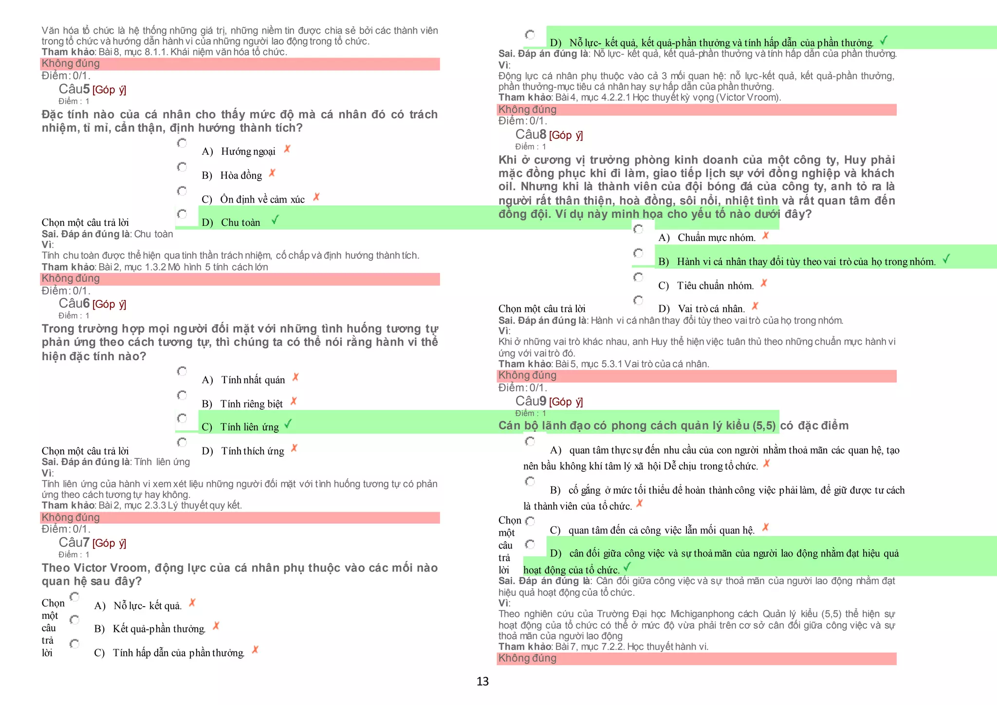 13
Văn hóa tổ chức là hệ thống những giá trị, những niềm tin được chia sẻ bởi các thành viên
trong tổ chức và hướng dẫn hành vi của những người lao động trong tổ chức.
Tham khảo: Bài8, mục 8.1.1. Khái niệm văn hóa tổ chức.
Không đúng
Điểm:0/1.
Câu5 [Góp ý]
Điểm : 1
Đặc tính nào của cá nhân cho thấy mức độ mà cá nhân đó có trách
nhiệm, tỉ mỉ, cẩn thận, định hướng thành tích?
Chọn một câu trả lời
 A) Hướng ngoại
 B) Hòa đồng
 C) Ổn định về cảm xúc
 D) Chu toàn
Sai. Đáp án đúng là: Chu toàn
Vì:
Tính chu toàn được thể hiện qua tinh thần trách nhiệm, cố chấp và định hướng thành tích.
Tham khảo: Bài2, mục 1.3.2 Mô hình 5 tính cách lớn
Không đúng
Điểm:0/1.
Câu6 [Góp ý]
Điểm : 1
Trong trường hợp mọi người đối mặt với những tình huống tương tự
phản ứng theo cách tương tự, thì chúng ta có thể nói rằng hành vi thể
hiện đặc tính nào?
Chọn một câu trả lời
 A) Tính nhất quán
 B) Tính riêng biệt
 C) Tính liên ứng
 D) Tính thích ứng
Sai. Đáp án đúng là: Tính liên ứng
Vì:
Tính liên ứng của hành vi xem xét liệu những người đối mặt với tình huống tương tự có phản
ứng theo cách tương tự hay không.
Tham khảo: Bài2, mục 2.3.3 Lý thuyết quy kết.
Không đúng
Điểm:0/1.
Câu7 [Góp ý]
Điểm : 1
Theo Victor Vroom, động lực của cá nhân phụ thuộc vào các mối nào
quan hệ sau đây?
Chọn
một
câu
trả
lời
 A) Nỗ lực- kết quả.
 B) Kết quả-phần thưởng.
 C) Tính hấp dẫn của phần thưởng.
 D) Nỗ lực- kết quả, kết quả-phần thưởng và tính hấp dẫn của phần thưởng.
Sai. Đáp án đúng là: Nỗ lực- kết quả, kết quả-phần thưởng và tính hấp dẫn của phần thưởng.
Vì:
Động lực cá nhân phụ thuộc vào cả 3 mối quan hệ: nỗ lực-kết quả, kết quả-phần thưởng,
phần thưởng-mục tiêu cá nhân hay sựhấp dẫn của phần thưởng.
Tham khảo: Bài4, mục 4.2.2.1 Học thuyết kỳ vọng (Victor Vroom).
Không đúng
Điểm:0/1.
Câu8 [Góp ý]
Điểm : 1
Khi ở cương vị trưởng phòng kinh doanh của một công ty, Huy phải
mặc đồng phục khi đi làm, giao tiếp lịch sự với đồng nghiệp và khách
oil. Nhưng khi là thành viên của đội bóng đá của công ty, anh tỏ ra là
người rất thân thiện, hoà đồng, sôi nổi, nhiệt tình và rất quan tâm đến
đồng đội. Ví dụ này minh họa cho yếu tố nào dưới đây?
Chọn một câu trả lời
 A) Chuẩn mực nhóm.
 B) Hành vi cá nhân thay đổi tùy theo vai trò của họ trong nhóm.
 C) Tiêu chuẩn nhóm.
 D) Vai trò cá nhân.
Sai. Đáp án đúng là: Hành vi cá nhân thay đổi tùy theo vaitrò của họ trong nhóm.
Vì:
Khi ở những vai trò khác nhau, anh Huy thể hiện việc tuân thủ theo những chuẩn mực hành vi
ứng với vaitrò đó.
Tham khảo: Bài5, mục 5.3.1 Vai trò của cá nhân.
Không đúng
Điểm:0/1.
Câu9 [Góp ý]
Điểm : 1
Cán bộ lãnh đạo có phong cách quản lý kiểu (5,5) có đặc điểm
Chọn
một
câu
trả
lời
 A) quan tâm thựcsự đến nhu cầu của con người nhằm thoả mãn các quan hệ, tạo
 nên bầu không khí tâm lý xã hội Dễ chịu trong tổ chức.
 B) cố gắng ở mức tối thiểu để hoàn thành công việc phảilàm, để giữ được tư cách
 là thành viên của tổ chức.
 C) quan tâm đến cả công việc lẫn mối quan hệ.
 D) cân đối giữa công việc và sự thoảmãn của người lao động nhằm đạt hiệu quả
 hoạt động của tổ chức.
Sai. Đáp án đúng là: Cân đối giữa công việc và sự thoả mãn của người lao động nhằm đạt
hiệu quả hoạt động của tổ chức.
Vì:
Theo nghiên cứu của Trường Đại học Michiganphong cách Quản lý kiểu (5,5) thể hiện sự
hoạt động của tổ chức có thể ở mức độ vừa phải trên cơ sở cân đối giữa công việc và sự
thoả mãn của người lao động
Tham khảo: Bài7, mục 7.2.2. Học thuyết hành vi.
Không đúng
 